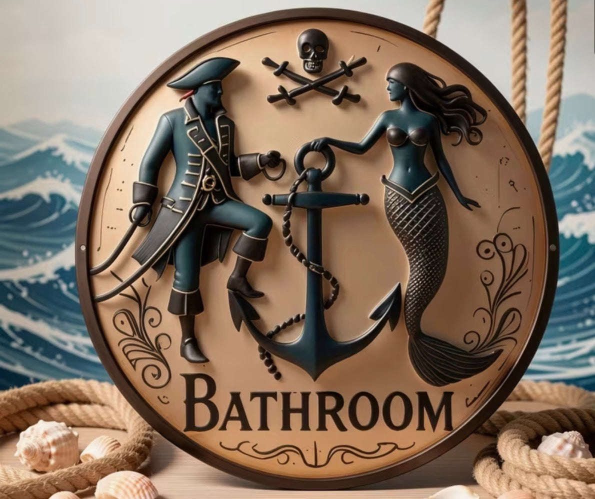 A Vintage Aluminum Sign with a Nautical Theme, Showcasing Pirates And Mermaids