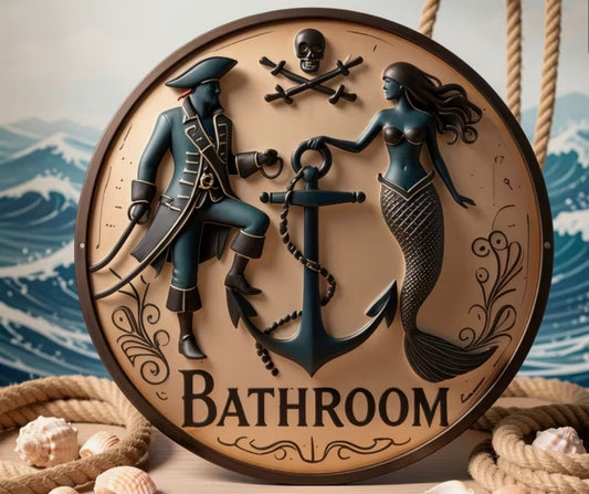 A Vintage Aluminum Sign with a Nautical Theme, Showcasing Pirates And Mermaids