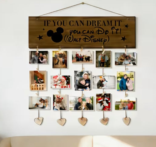 Disney "If You Can Dream It, You Can Do It." Disney  Wooden Photo Wall Decor with Jute Rope and Wooden Clips, Hanging Style, Bedroom and Living Room Wall