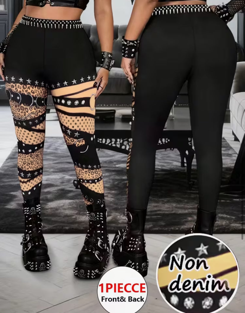 Plus Size Women's High-Waisted Punk Gothic Butt-Lifting Tummy Control Leggings - Stretchy Pants with Spiked Belt-Style Waist and Thigh Print