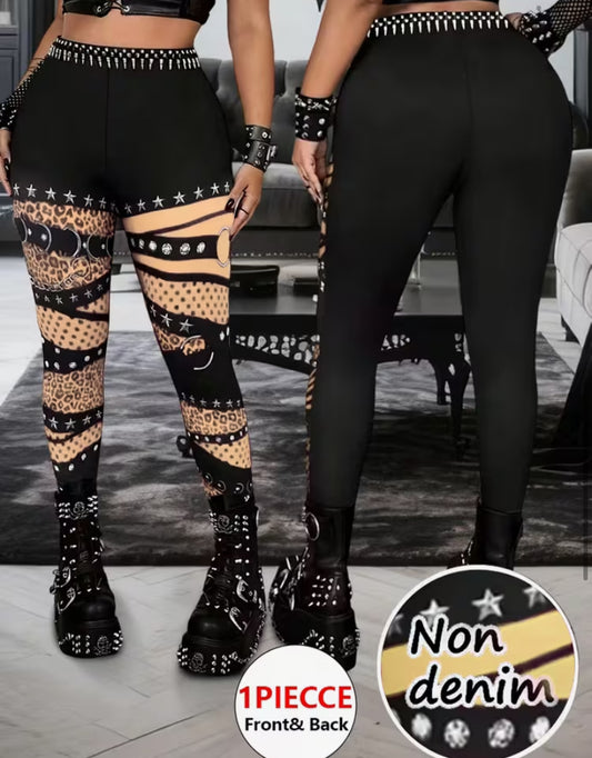 Plus Size Women's High-Waisted Punk Gothic Butt-Lifting Tummy Control Leggings - Stretchy Pants with Spiked Belt-Style Waist and Thigh Print