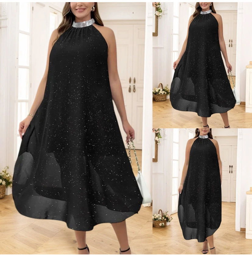 Plus Size Womens Chiffon Halter Neck Glitter Sequin A-Line Party Ball Gown Dress