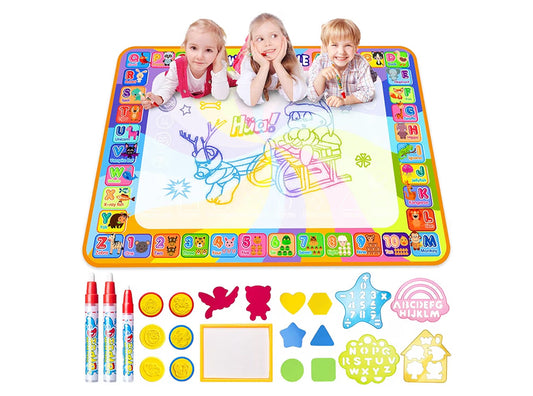 Water Doodle Mat, 105X100CM Mess Free Colouring Water Mat with 5 Water Pens, 6 Animal Stamps, Dinosaur Educational Toys
