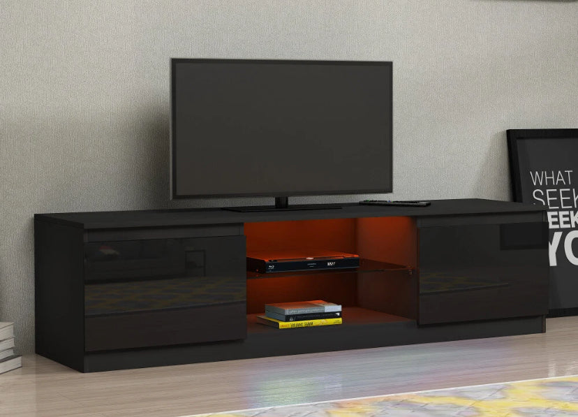 Modern TV Unit Stand Cabinet Black High Gloss Doors & Matt Body RGB LED Lights