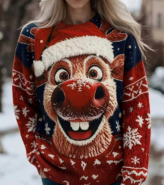 Flat Pattern Autumn Winter Fashion New Trendy Versatile Pullover Round Neck Long Sleeve Women'S Top Christmas Reindeer Pattern  jumper