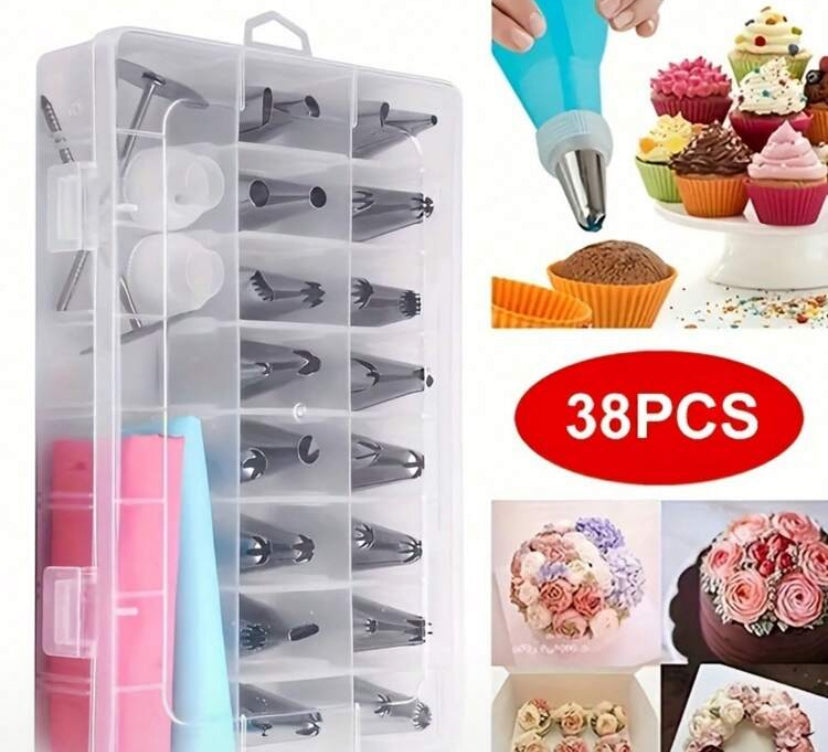 38pcs Stainless Steel Icing Tips Set With Storage Box, Including 32 Icing Tips, 2 Converters, 2 Nails And 2 Pastry Bags; Suitable For Cake Decoration, Nozzle, Pastry, Cupcake, Baking Tray, Cream, Cookies And Kitchen Tools.