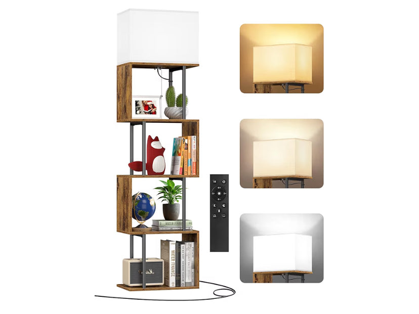 5-Tier Floor Lamp with Shelves & Remote, Dimmable S-Shaped Bookshelf with 3 Color Temperature, 1-Hour Timer, Tall Corner Standing Lamp for Living Room, Bedroom, Office