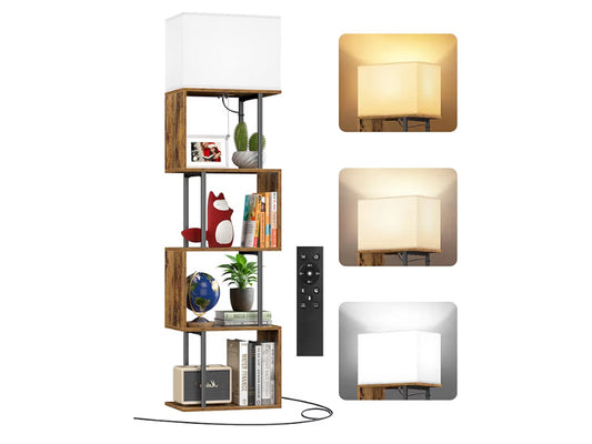 5-Tier Floor Lamp with Shelves & Remote, Dimmable S-Shaped Bookshelf with 3 Color Temperature, 1-Hour Timer, Tall Corner Standing Lamp for Living Room, Bedroom, Office