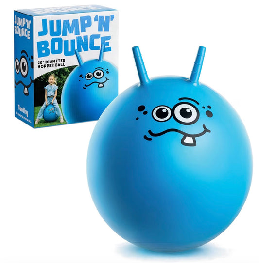 Jump N Bounce Kids Space Hopper, 20 Inch Retro Bouncing Ball with Easy Grip Handles, Outdoor or Indoor Exercise Toy for Ages 3+, Toothy BlueDesign