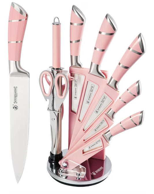 Kitchen Knife Set,9-Pieces Pink Sharp Non-Stick Coated Chef Knives Block Set,Stainless Steel Knife Set for Kitchen with Sharpener for Cutting Slicing Dicing Chopping