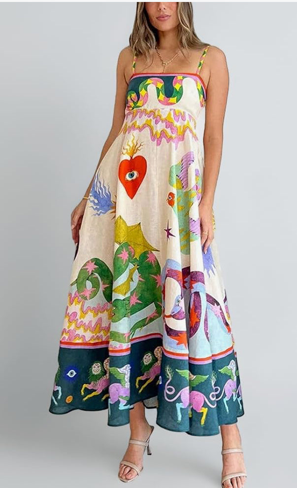 Women Summer Spaghetti Strap Boho Long Maxi Dress Ethnic Snake Print Casual Sleeveless Maxi Cami Dress