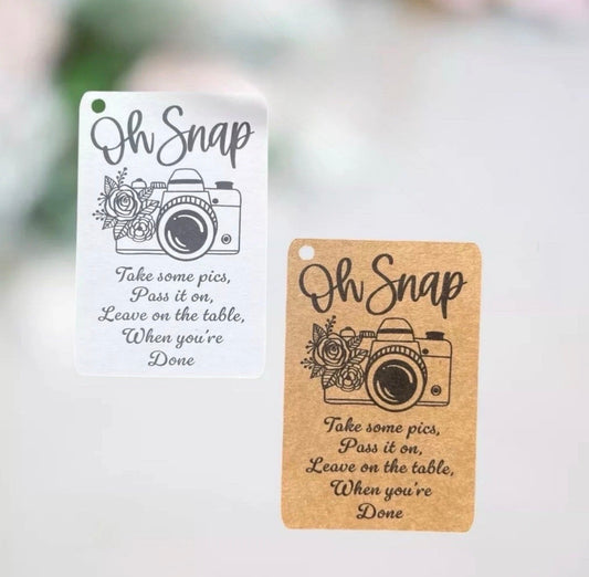 10 Pack Disposable Camera Wedding Reception Favour Table Tag Oh Snap Bride Groom