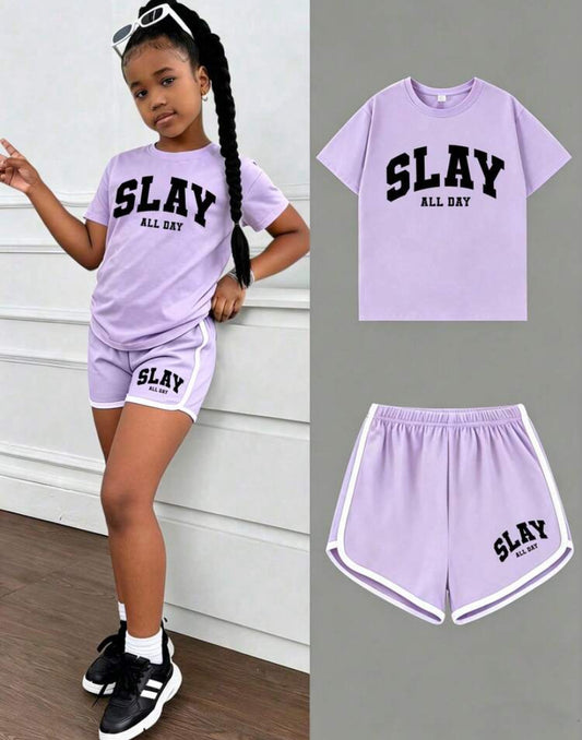 Girls Letter Print Round Neck Short Sleeve T-Shirt And Shorts Casual Outfit