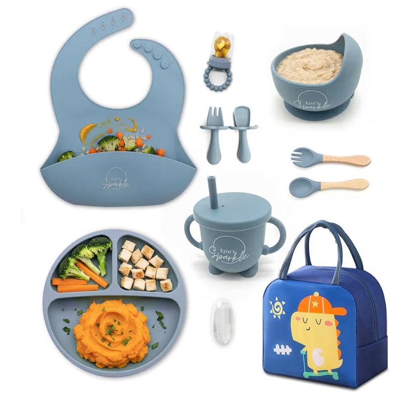 7-Piece Baby Weaning Set – BPA-Free setslicone Strong Suction setsd Plate, Teather, Baby Bowls w/Extended Curved Lip, Baby Spoons, Baby Bibs w/Catcher – Micro & Dishwasher Safe Toddler Cutlery Set