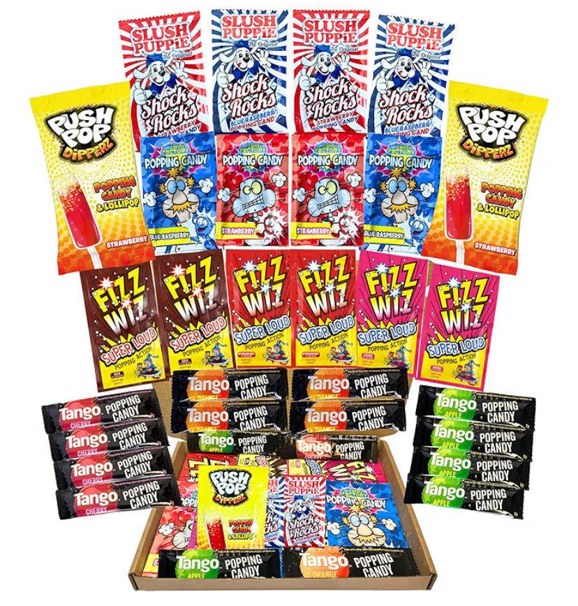 Mega Popping Candy Bundle 28Pcs Variety Box Including Every Flavour Strawberry, Apple, Blue Raspberry, Cherry, Orange  Fizz Wiz, Tango, Slush Puppy & More  Letterbox Sized