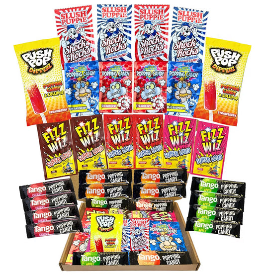 Mega Popping Candy Bundle 28Pcs Variety Box Including Every Flavour Strawberry, Apple, Blue Raspberry, Cherry, Orange  Fizz Wiz, Tango, Slush Puppy & More  Letterbox Sized