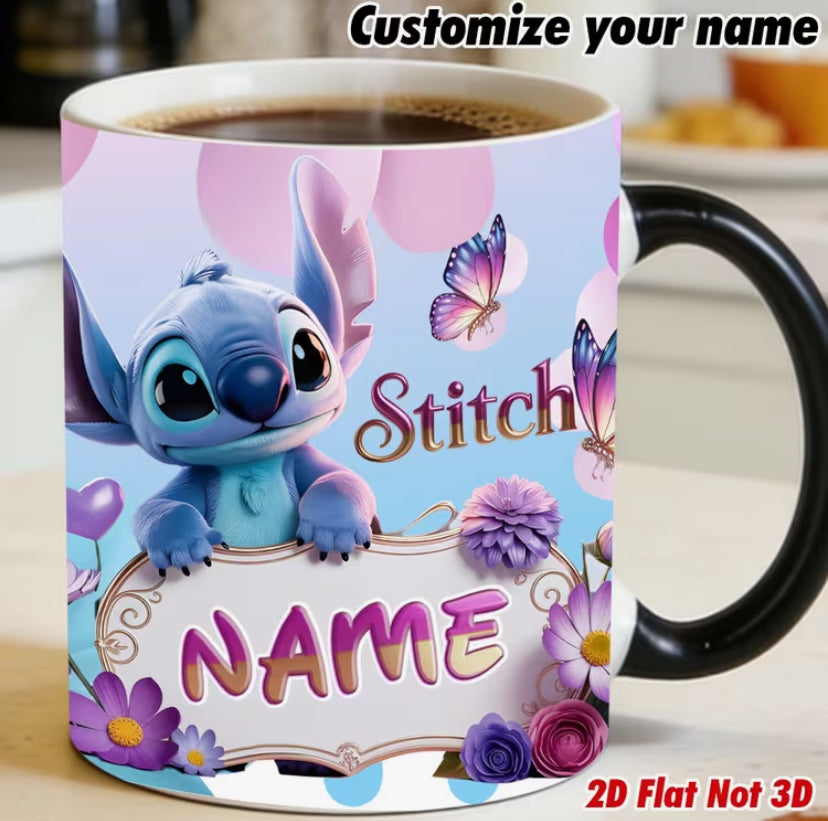 1pc Disney-inspired Stitch Hugging a Heart-shaped Color-changing Mug. Customizable Name. 2D Flat Printing.