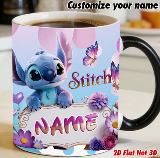 1pc Disney-inspired Stitch Hugging a Heart-shaped Color-changing Mug. Customizable Name. 2D Flat Printing.