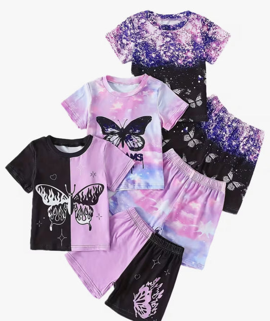 3pcs Girls' Clothing Set: Knitted Butterfly Print Round-neck Short-sleeved Top Paired with Color-blocked Butterfly Print Casual Shorts.