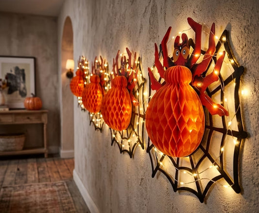 2pcs LED String Lights Halloween Hanging Spider Decor, Three-Dimensional Spider Web Spider