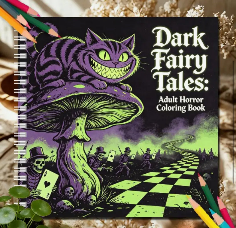 Dark Fairy Stories Adult Horror Coloring Book: Spooky Grinning Striped Cat