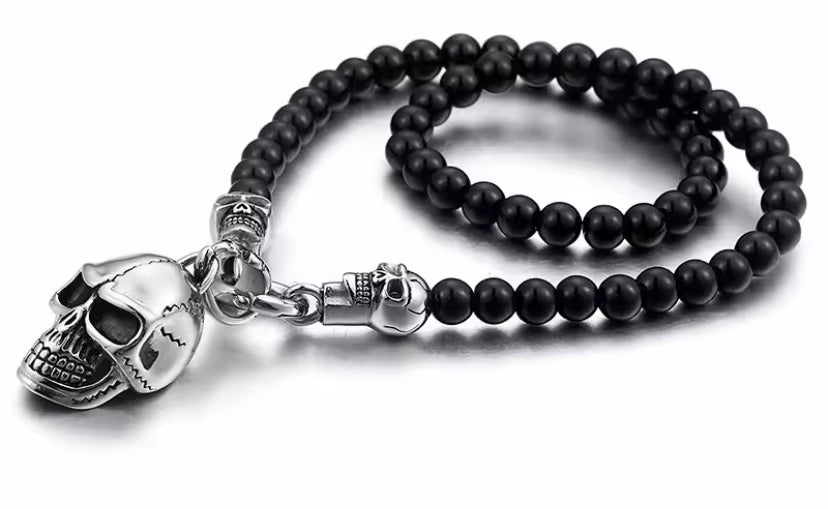 Men's African Glass Beads Stainless Steel Skull Pendant Chain