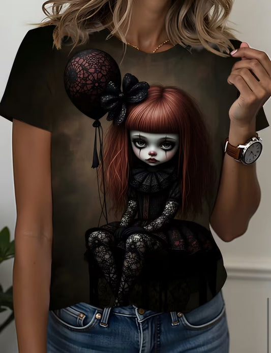 Plus-size Women's Gothic Dark Style Lace Doll and Lace Balloon Art Print T-Shirt, Dark Lolita Style Theme, Faux Lace Details, High Street Style T-Shirt, Daily Casual Wear