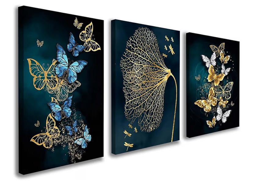 Set of 3 Framed Canvas Wall Art 12x16 Inch Each Butterfly and Leaf Painting Modern Wall Decoration for Living Room Bedroom Hallway and Stairs Artwork Wall Pictures with Hooks and Magic Tape
