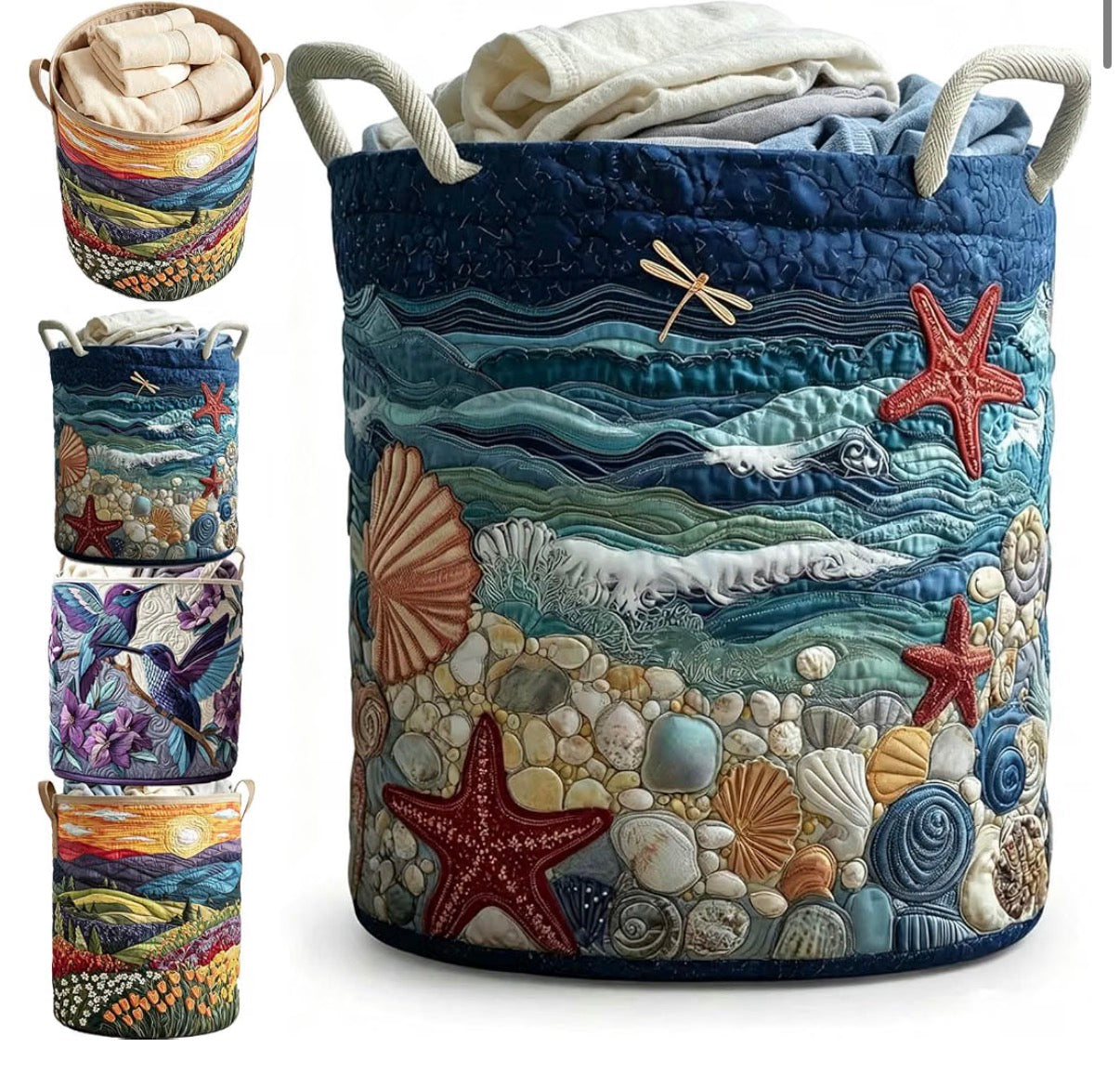 Quilted Laundry Basket With Handles,Large Foldable Fabric Hamper, Toys & Blankets (Ocean)