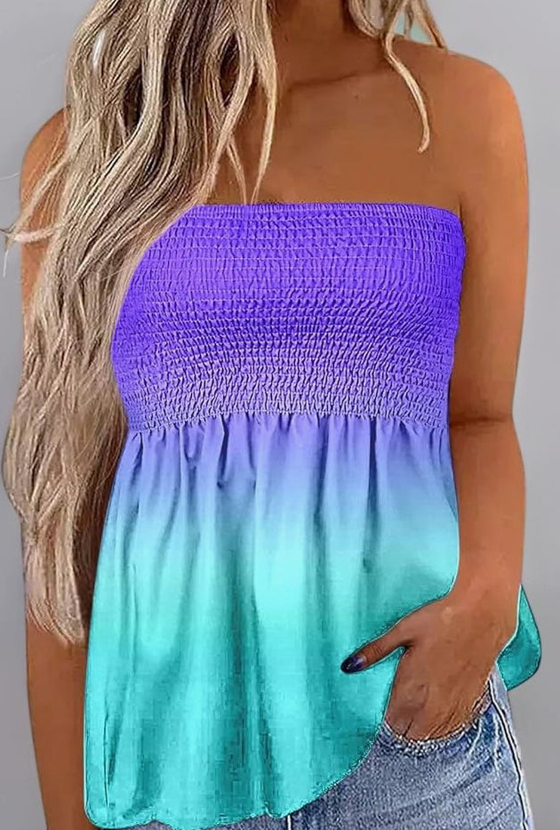 Sleeveless Tops for Women UK Strapless Tube Tops Stretch Pleated Bandeau T Shirts Gradient Printed Boob Tube