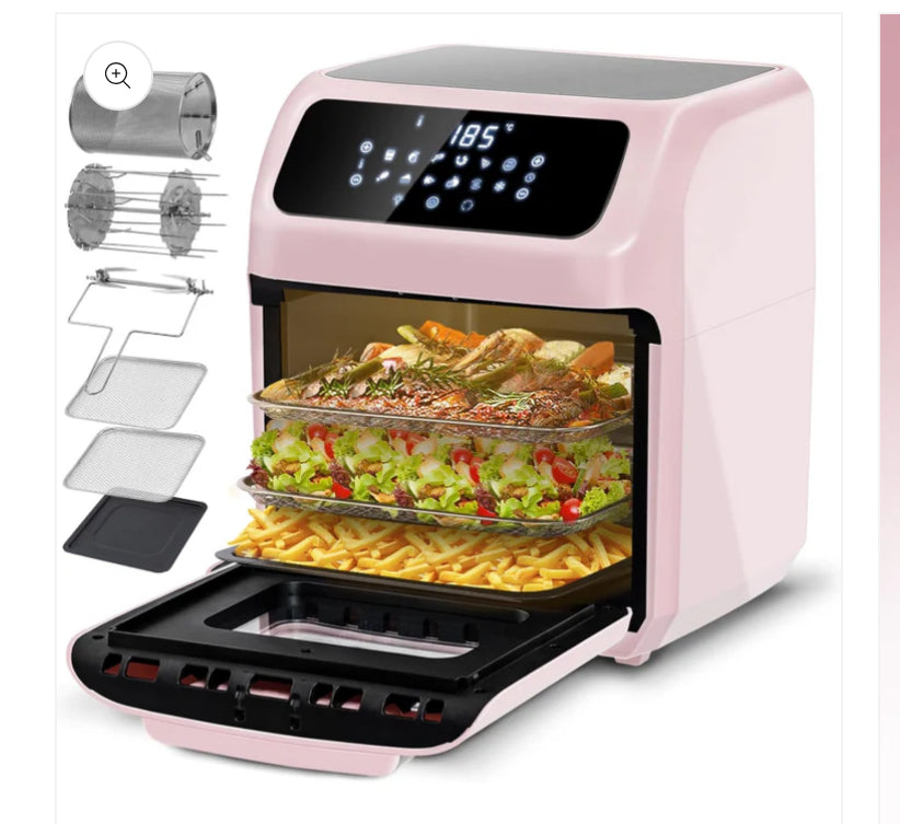 12L Air Fryer Oven with Rotisserie, Family Sized, with 12 Presets, Electric Mini Oven, Oil Free, 90-Minute Timer, Cookbook, 6 Accessories, 1800W, Pink