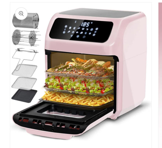 12L Air Fryer Oven with Rotisserie, Family Sized, with 12 Presets, Electric Mini Oven, Oil Free, 90-Minute Timer, Cookbook, 6 Accessories, 1800W, Pink