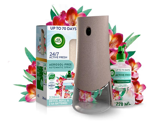 Air Wick Aerosol-Free Automatic Air Freshener Spray Kit, Eucalyptus & Freesia, 1 Gadget & 1 Refill (228ml), 24x7 Active Fresh Odour Neutraliser, Lasts Up to 70 Days, Air freshener For Home