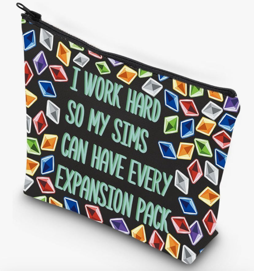 Video Game Gift Sim Game Gift Funny Gaming Zipper Pouch Sims 4 Plumbob Pattern Makeup Bag for Gamer (i Work Hard)