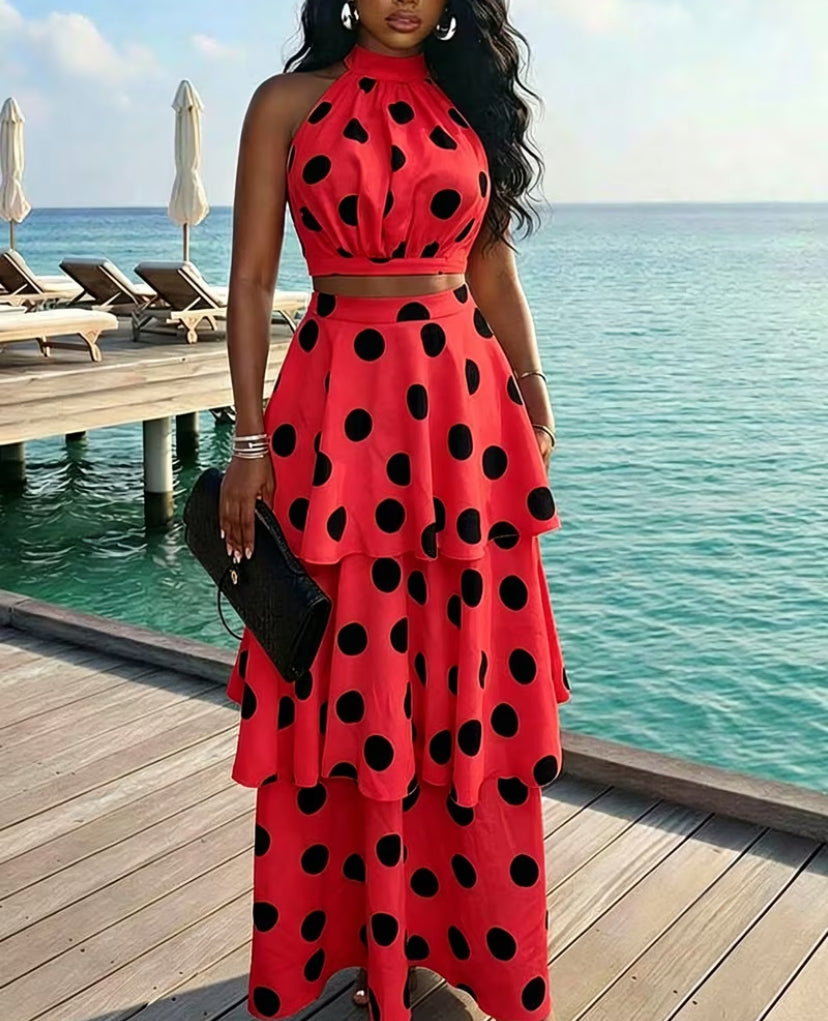 New Summer Polka Dot Print Elegant Halter Neck Camisole Top with Elegant Vacation Style Multi-Layered Skirt