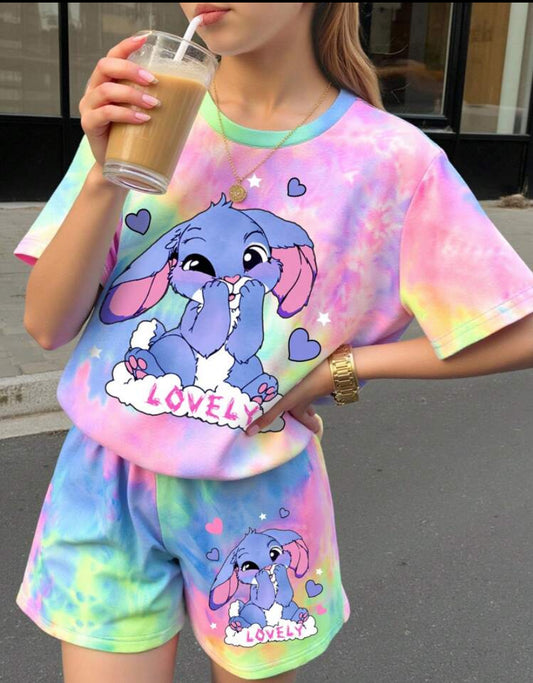 Blue Rabbit Lulu & Stitch Pattern, Fresh Tie-Dye, Tween Girl Casual Minimalist Short Sleeve Shorts 2-Piece Set