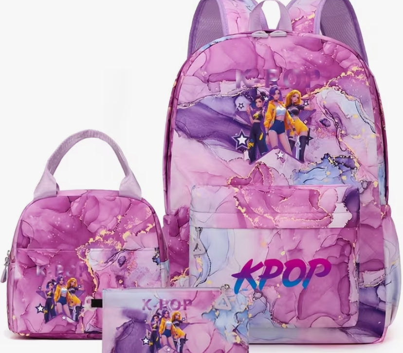 K-Pop Style 3pcs SetBackpack, Featuring Adjustable Shoulder Straps, Polyester Lining, Zipper Closure, Hand Wash Recommended