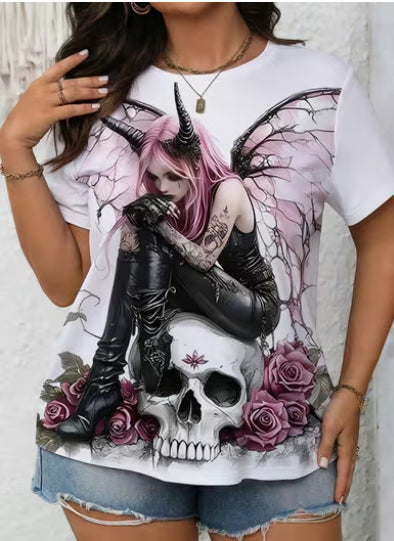 A Plus-size Women's Summer T-shirt Featuring a "Pink Charm Dark Demon " Print, with a Wide Round Neckline. The Fabric Is Soft,