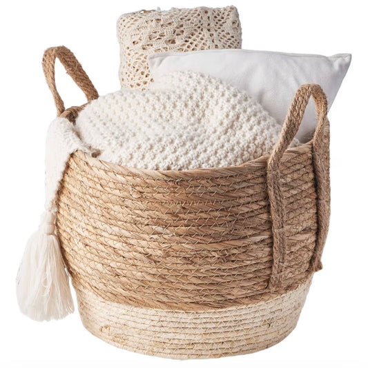 Eden & Willow Natural Straw Woven Plant Storage Basket, Home Organisation Hamper Basket with Handles (Cream, Large)
