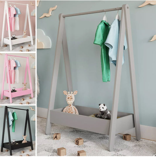 Kids Wooden Hanging Dress Up Clothes Rail Rack Display Stand Extra Storage Shelf