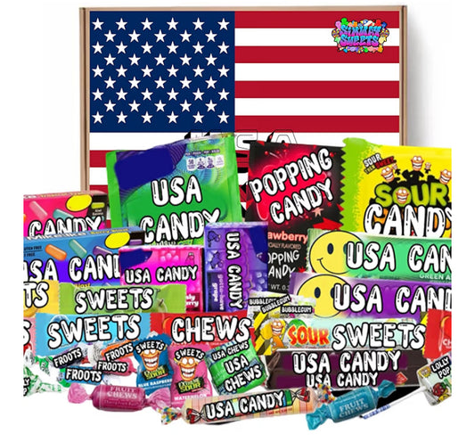 American Sweets Gift Box - Imported USA Candy Hamper - Includes 30 Assorted Treats, Mixed Flavours & Favourite Brands By Simway Sweets