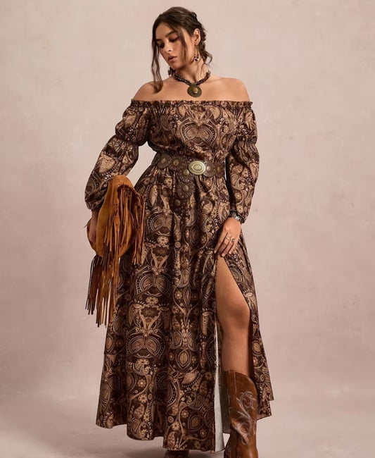 Plus Size, Plus Size Vintage Off-Shoulder/ Neck Maxi Dress Suitable for Weddings, Parties & Special Events - Elegant Fitted Long Sleeve Dress, Machine Washable Spring/Fall Evening Gown with Shoulder Exposure (Not See-Through)