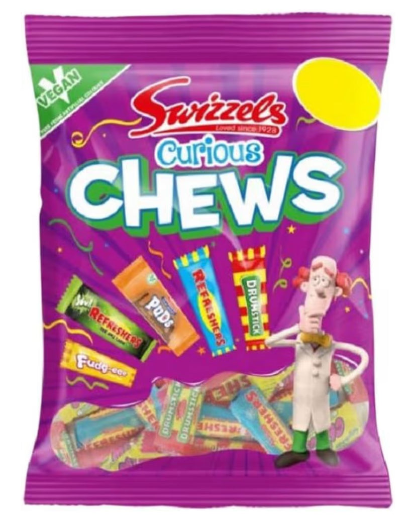 Swizzels CURIOUS CHEWS PMP 135g - Mixed Swizzels Sweets with Drumstick, Refreshers, Sour Apple Chews & Fudg-Eee - Vegan Sweets for Sharing, Parties and Treating. X2