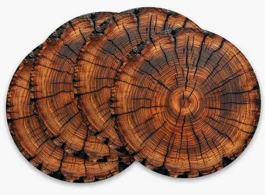 4-Pack Rustic Wood Tree Ring Pattern Trendy Home Circular Wooden Coasters, Anti-Slip Heat-Resistant Easy-Clean Design