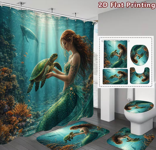 Mermaid And Sea Creatures Shower Curtain Set, Ocean-Themed Bathroom Decor, Additions with, U-Shaped, Toilet Lid Cover