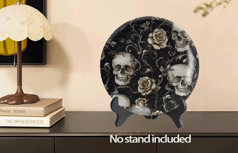 1 pc Gothic Skull Rose Wall Plate - Round Resin Decorative Tray with Gothic Black Hanging Plate Suitable for Decor