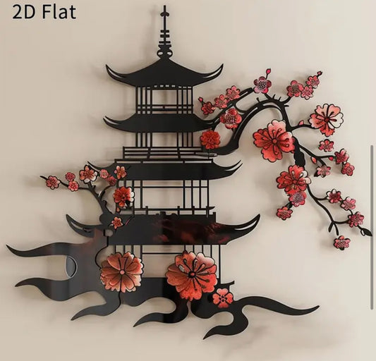 1pc 2D Flat Japanese Pagoda and Cherry Blossom Metal Wall Art Elegant Oriental Style Floral Decor
