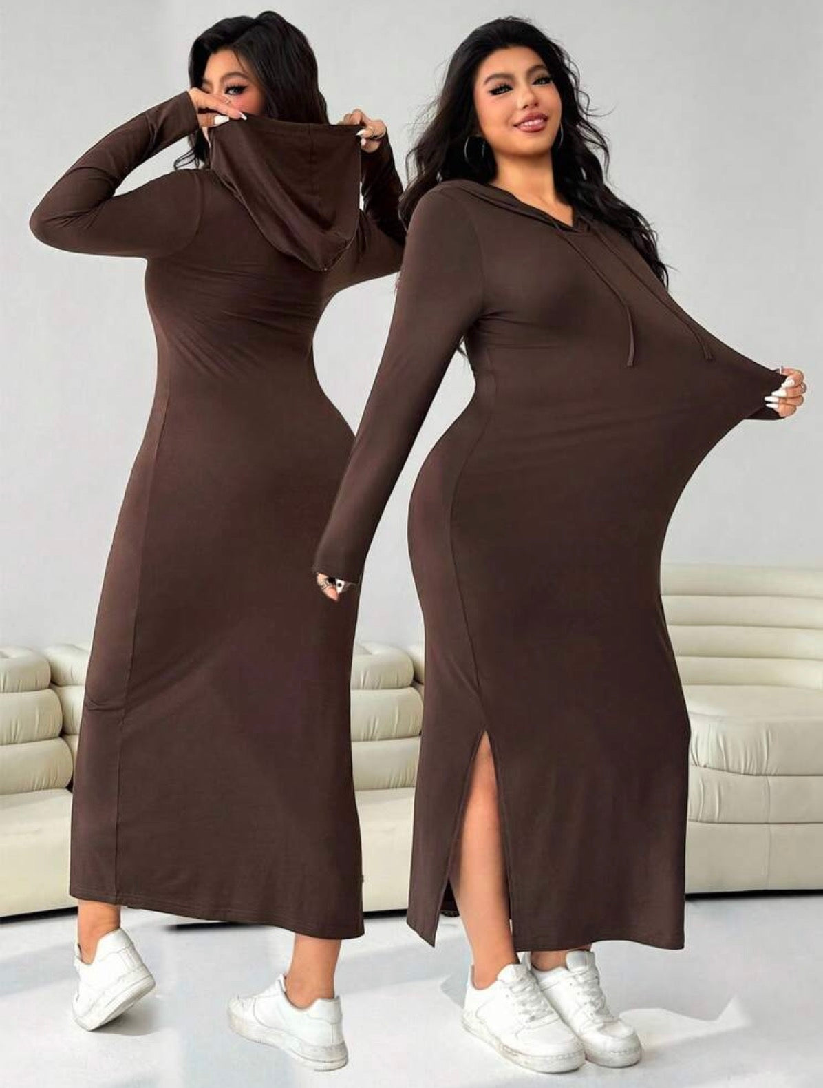 Women Casual Drawstring Hooded Split Hem Dress