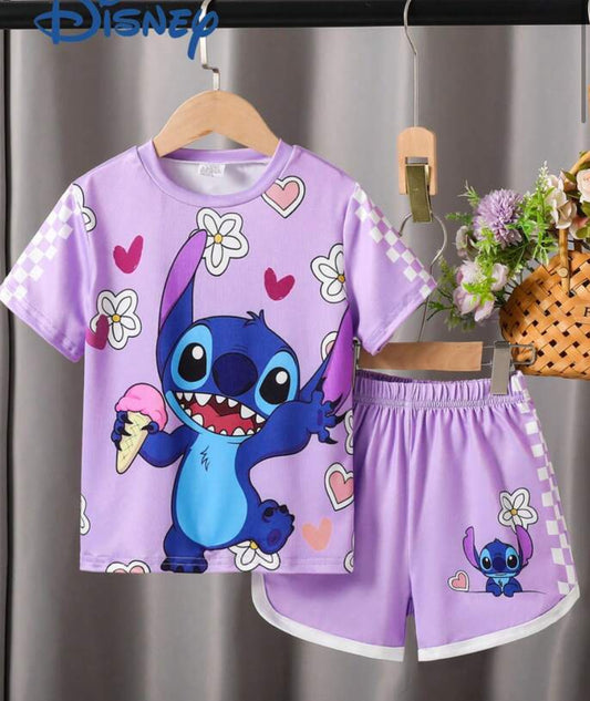 Disney Star Baby Stitch Summer Young Girl Cute Short Sleeve Shorts Set