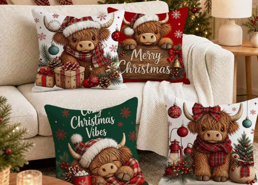 4pcs Christmas Decoration Pillowcases, Highland Cow Pattern Printed Pillow Covers